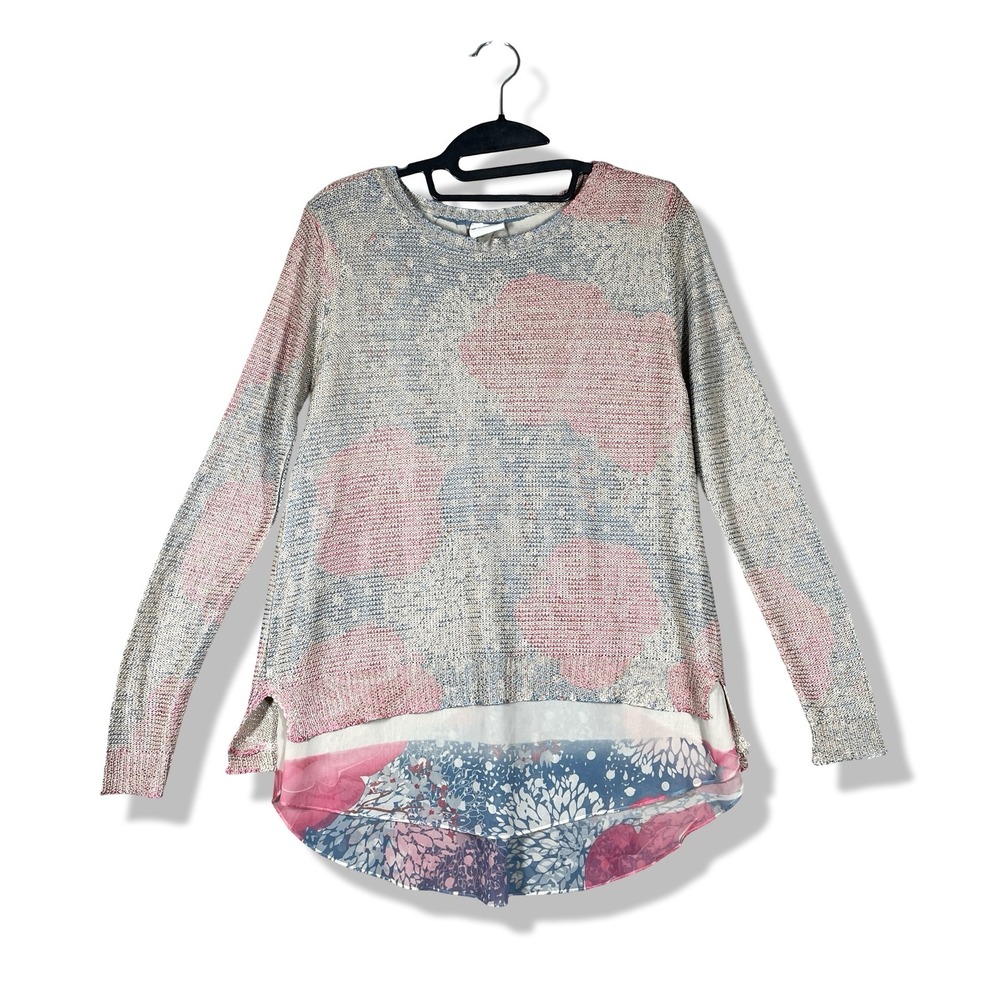 Sioni Mixed Media Knit Top Womens Small Pink Blue Floral Layered‎ Boho Vacation